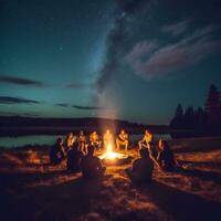 A group of friends sitting around a campfire under a starry sky generative ai photo