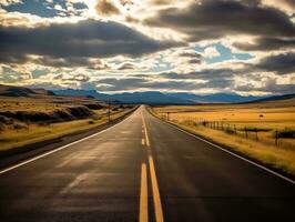 An open road disappearing into the horizon, capturing the sense of endless possibilities during the midpoint of a road trip generative ai photo