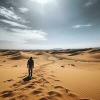 A panoramic shot of a vast desert landscape with a lone traveler trekking through the sand generative ai photo