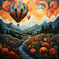 A hot air balloon floating over a patchwork of colorful fields generative ai photo