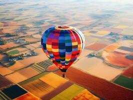 A hot air balloon floating over a patchwork of colorful fields generative ai photo