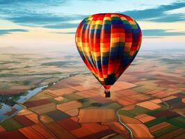 A hot air balloon floating over a patchwork of colorful fields generative ai photo