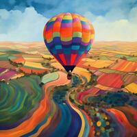 A hot air balloon floating over a patchwork of colorful fields generative ai photo