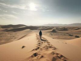 A panoramic shot of a vast desert landscape with a lone traveler trekking through the sand generative ai photo