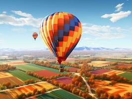 A hot air balloon floating over a patchwork of colorful fields generative ai photo