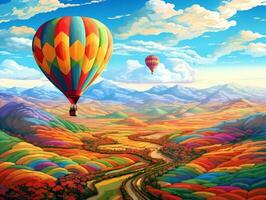 A hot air balloon floating over a patchwork of colorful fields generative ai photo
