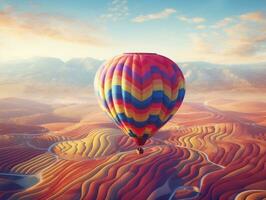 A hot air balloon floating over a patchwork of colorful fields generative ai photo