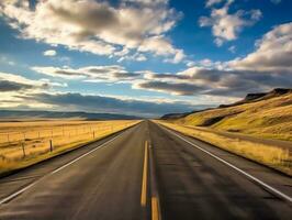 An open road disappearing into the horizon, capturing the sense of endless possibilities during the midpoint of a road trip generative ai photo