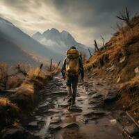 A backpacker ascending a steep mountain trail generative ai photo