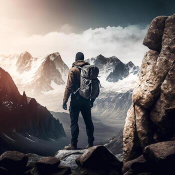 A hiker standing on a rocky ledge, looking out at a vast mountain range generative ai photo
