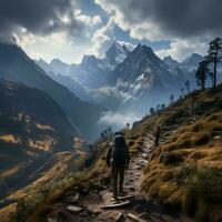 A backpacker ascending a steep mountain trail generative ai photo