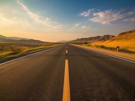 un abierto la carretera desapareciendo dentro el horizonte, capturar el sentido de interminable posibilidades durante el punto medio de un la carretera viaje generativo ai foto