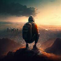 A backpacker gazing at a distant cityscape from a hilltop viewpoint generative ai photo