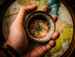 A close-up shot of a hand holding a compass against a map generative ai photo