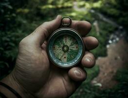 A close-up shot of a hand holding a compass against a map generative ai photo