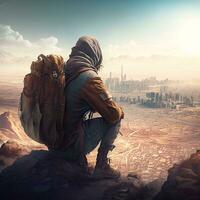 A backpacker gazing at a distant cityscape from a hilltop viewpoint generative ai photo