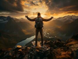 un caminante en pie en un montaña cima, con un asombroso puesta de sol cielo como el fondo generativo ai foto