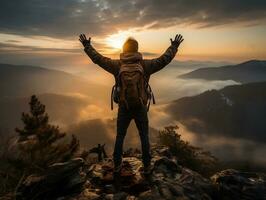 un caminante en pie en un montaña cima, con un asombroso puesta de sol cielo como el fondo generativo ai foto