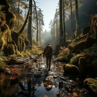 un mochilero excursionismo mediante un denso bosque, luz de sol transmisión mediante el arboles generativo ai foto