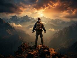 A hiker standing on a mountain peak, with a breathtaking sunset sky as the backdrop generative ai photo