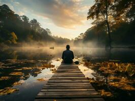 A traveler sitting on a dock, watching a sunrise over a calm lake generative ai photo
