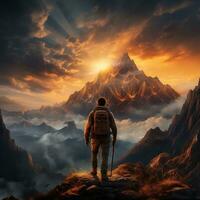 A hiker standing on a mountain peak, with a breathtaking sunset sky as the backdrop generative ai photo