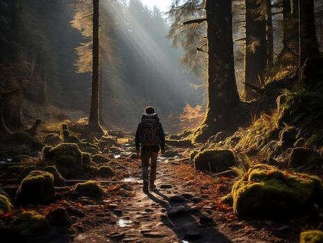 A backpacker hiking through a dense forest, sunlight streaming through the trees generative ai photo