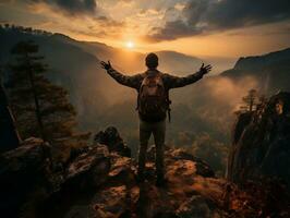 An adventurer standing on a cliff edge, looking out at a vast expanse of wilderness generative ai photo