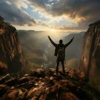 An adventurer standing on a cliff edge, looking out at a vast expanse of wilderness generative ai photo