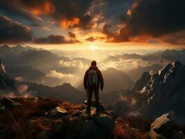 A hiker standing on a mountain peak, with a breathtaking sunset sky as the backdrop generative ai photo