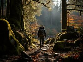 A backpacker hiking through a dense forest, sunlight streaming through the trees generative ai photo