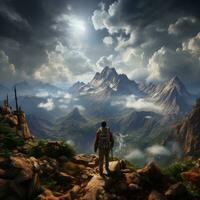 An adventurer climbing a rocky mountain peak, with a breathtaking view of valleys below generative ai photo