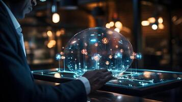 a man in a suit is holding a glass sphere with a glowing network. AI Generated photo