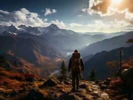 An adventurer climbing a rocky mountain peak, with a breathtaking view of valleys below generative ai photo