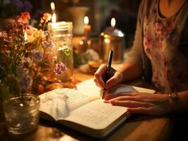 A close-up of a person's hand holding a pen, writing in a travel journal generative ai photo