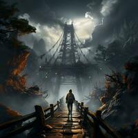 An adventurer crossing a suspension bridge over a roaring waterfall generative ai photo