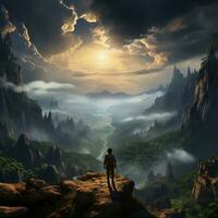 A traveler standing on a cliff edge, overlooking a vast, misty landscape generative ai photo