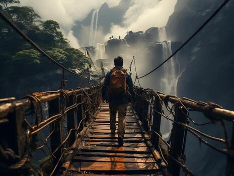 An adventurer crossing a suspension bridge over a roaring waterfall generative ai photo