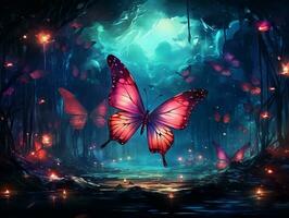 illustration painting with magical glowing night butterflies in the forest generative ai photo