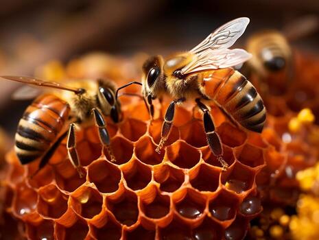 A captivating macro view of a busy beehive, with worker bees tirelessly collecting nectar from a variety of flowers generative ai photo