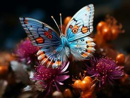 Macro insect photography capturing the delicate beauty of a colorful butterfly perched on a blooming flower generative ai photo