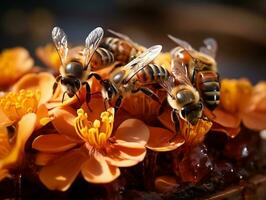 A captivating macro view of a busy beehive, with worker bees tirelessly collecting nectar from a variety of flowers generative ai photo