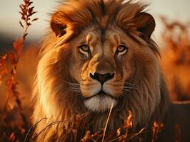 A lion in the savannah at sunset, male lion, king of the wilderness generative ai photo