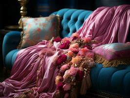 Handcrafted luxurious fabrics, pink, blue, and gold velvet luxury designs generative ai photo