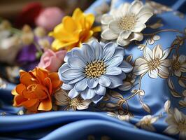 Close-up shot of an artisan silk handkerchief with flowers generative ai photo