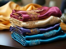 Handcrafted luxurious fabrics, pink, blue, and gold velvet luxury designs generative ai photo