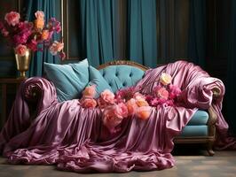 Handcrafted luxurious fabrics, pink, blue, and gold velvet luxury designs generative ai photo