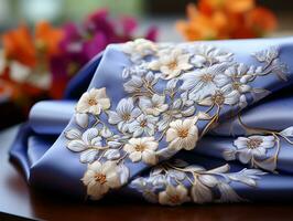 Close-up shot of an artisan silk handkerchief with flowers generative ai photo