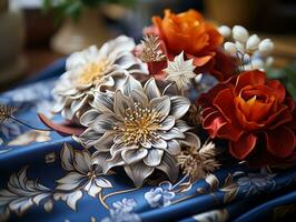 Close-up shot of an artisan silk handkerchief with flowers generative ai photo