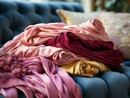 Handcrafted luxurious fabrics, pink, blue, and gold velvet luxury designs generative ai photo